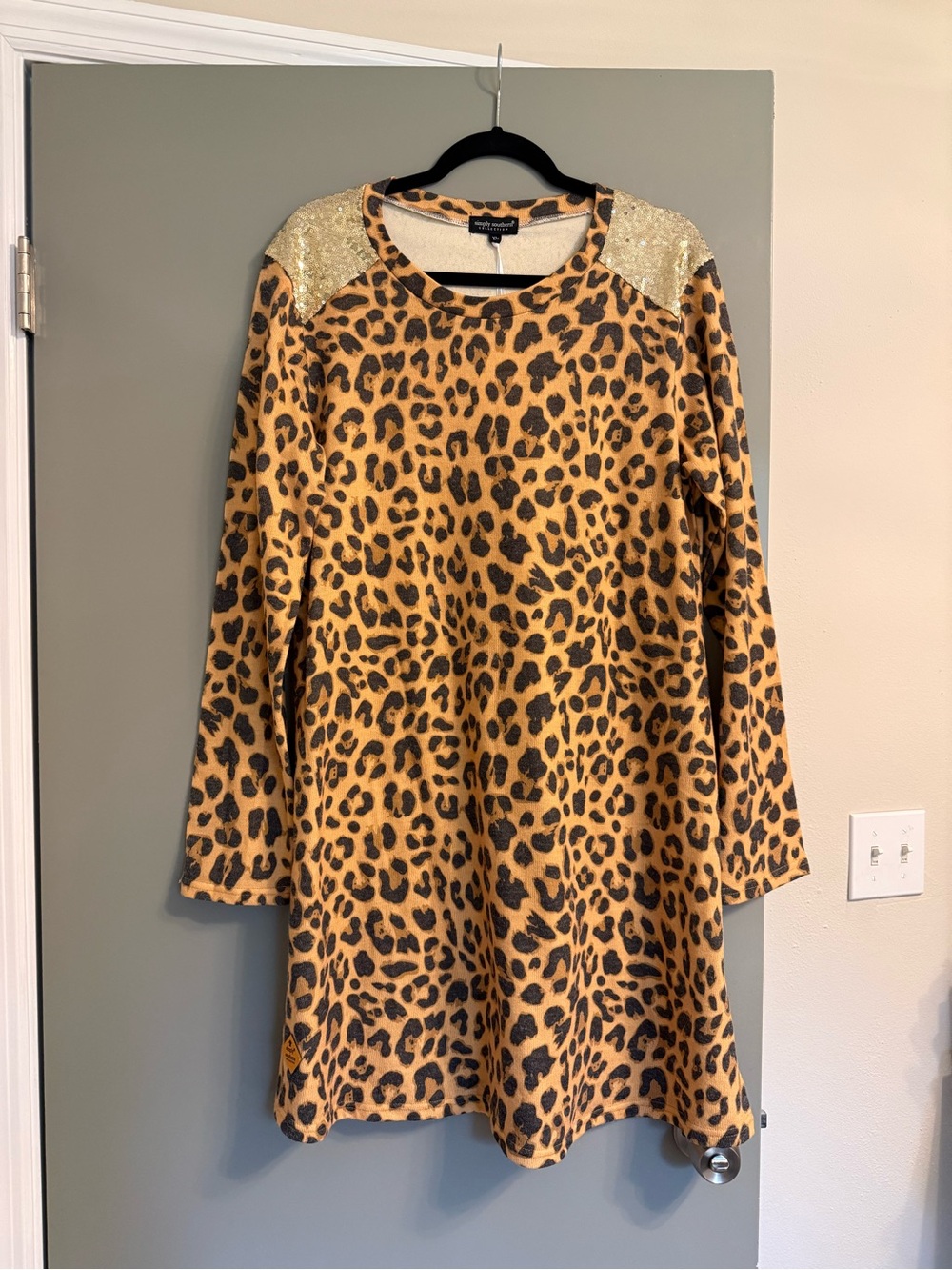 Simply Southern Leopard Print Long Sleeve Dress with Gold Sequin Shoulders